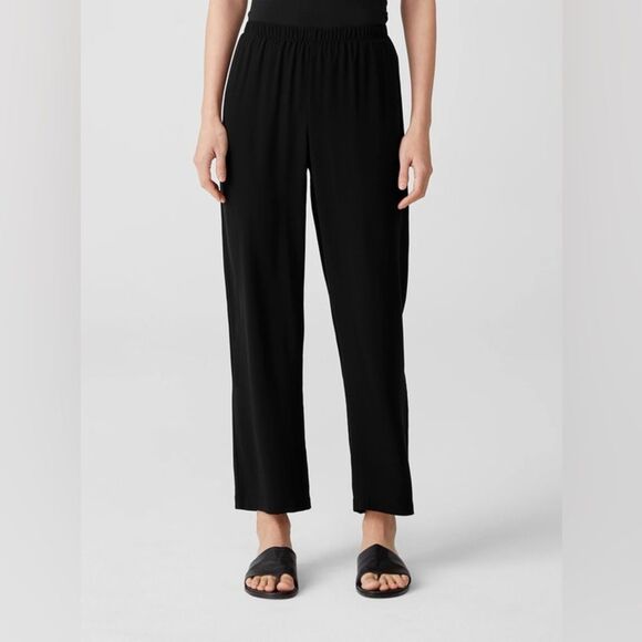 Eileen Fisher Black Silk Georgette Crepe Ankle Straight Pant NWT Size Medium - Picture 2 of 16